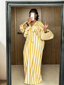 Maweii Plus Size V-Neck Puff Sleeve Bow Striped Vacation Dress Fall - Multicolor - View 1
