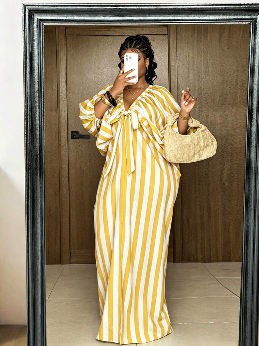 Maweii Plus Size V-Neck Puff Sleeve Bow Striped Vacation Dress Fall - Multicolor - View 1