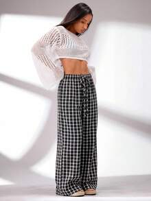 SHEIN BASICS 女款秋季居家休閒長褲 黑白格紋休閒款 - 彩色 - 查看 4