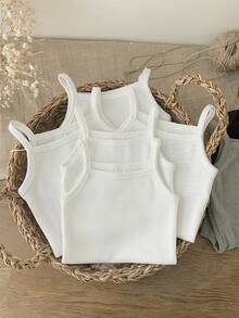 SHEIN LMoss Kids 5件套新生女宝宝可爱纯色针织连体衣套装，夏季 - 彩色 - 查看 3