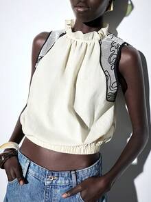 Lumivelle Women's Round Neck Ruffle Trim Sleeveless Balloon Hem Embroidery Patchwork Blouse, Suitable For Vacation, Casual Elegant, Tea Party, Off-White - Apricot - View 5
