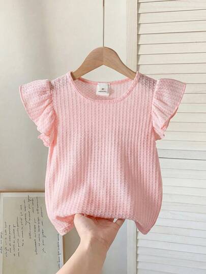 SHEIN Young Girl Pink Short Cap Sleeve T-Shirt,Young Girl