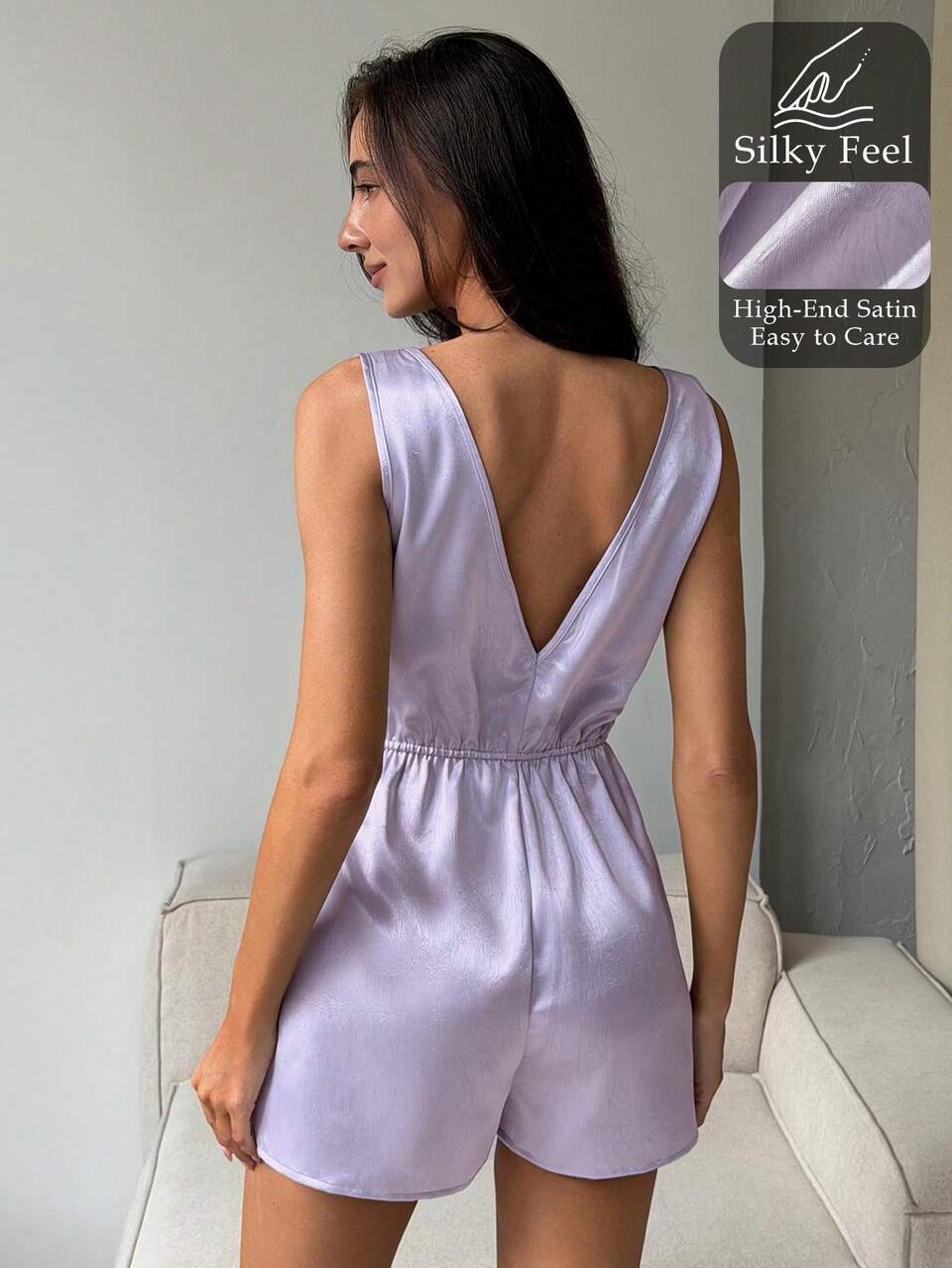 Women's Elegant Solid Color V-Neck Sleeveless Jumpsuit Pajamas, Summer