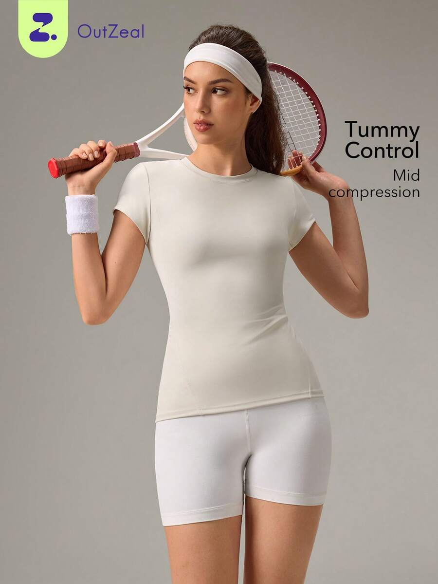 OutZeal Damen Sport T-Shirt Workout Gym Top feuchtigkeitsableitend, butterweich, eng anliegend, mittlere Kompression - Aprikosenfarben - Übersicht 1