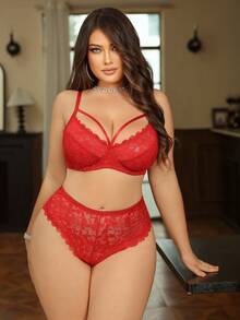 SHEIN 2pcs Plus Size Women Lace Padded Bra Set - Red - View 5
