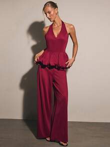 COSMINA Women's Solid Color Ruffle Hem Halter Top And Pants Fashion Set Bar Party Night Burgundy Summer Elegant - Red - View 2