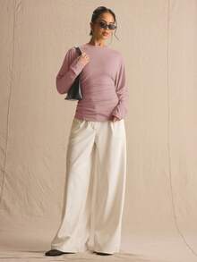MUSERA Top de manga larga con cintura fruncida y mangas de murciélago, estilo cottage core, lindo y acogedor para primavera y verano - Rosa Pálido - Ver 5