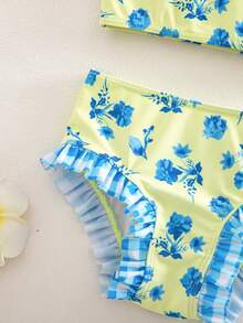 SHEIN Young Girl Cute Colorblock Floral & Plaid Print Bikini Set - Multicolor - View 4