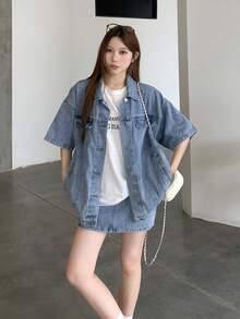 DAZY 女款牛仔翻領韓風短袖襯衫與短褲兩件套 夏季 - 藍色 - 查看 1