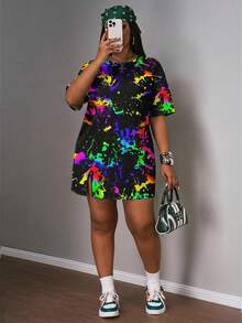 Slaydiva Plus Size Tie-Dye Print Round Neck Summer Short Sleeve Dress, Suitable For Party - Multicolor - View 1