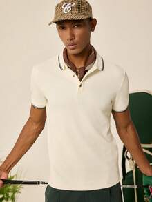 Manfinity Homme 男士纯色 Polo 衫，短袖，休闲时尚，适合夏季 - 杏色 - 查看 1