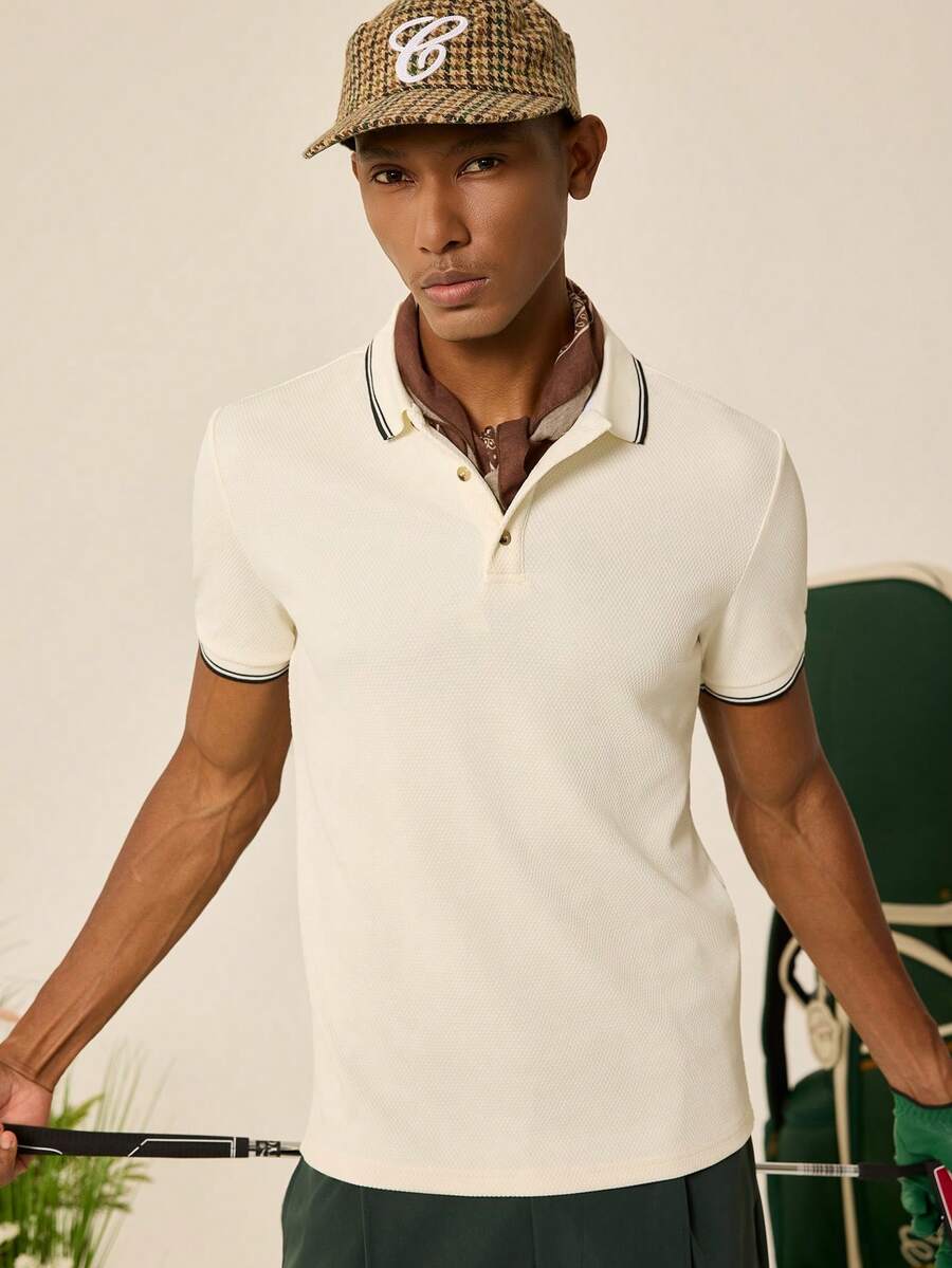 Manfinity Homme 男士纯色 Polo 衫,短袖,休闲时尚,适合夏季 - 杏色 - 查看 1