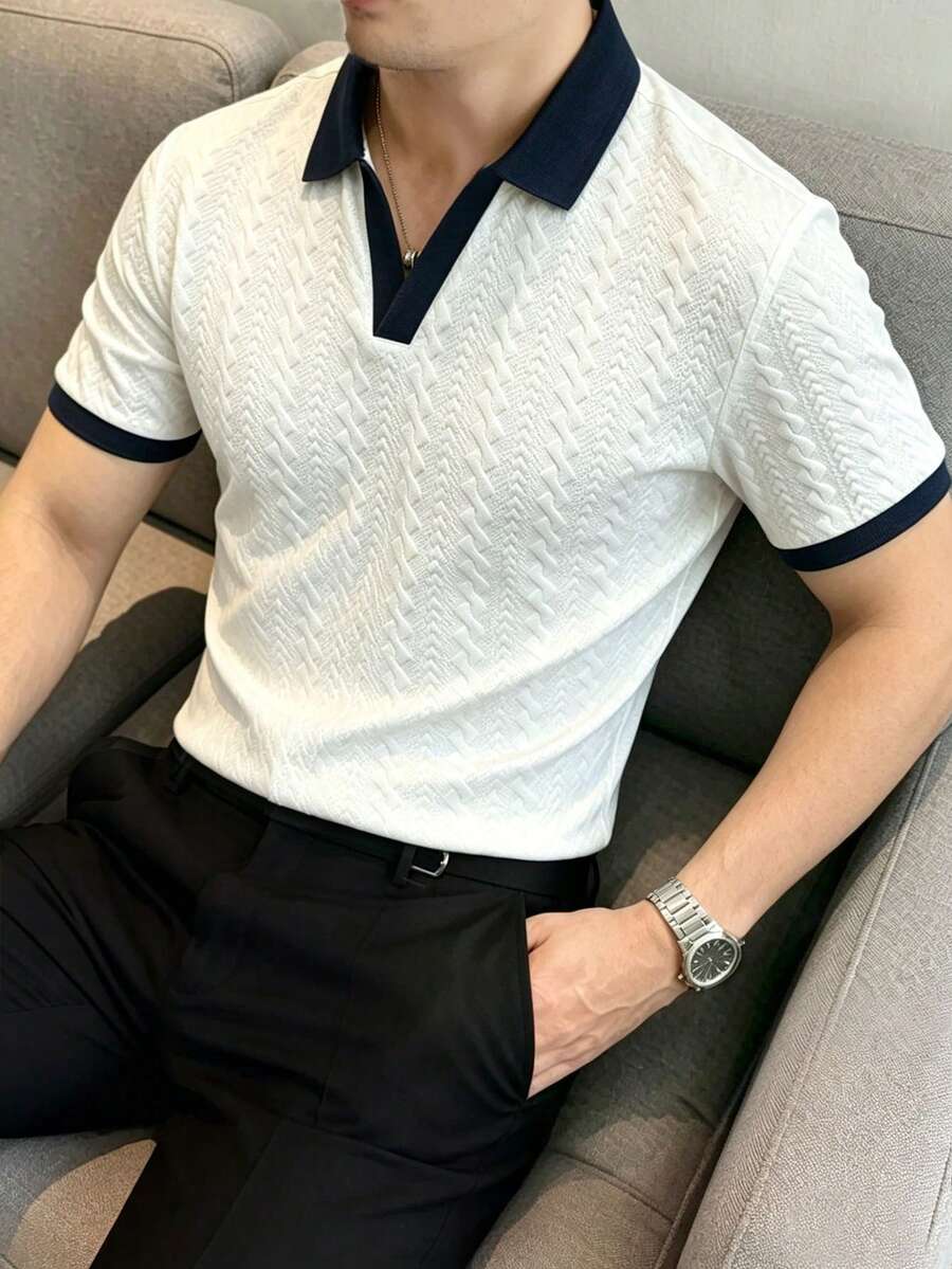 Calvornis 男士休闲通勤拼色短袖 Polo 衫 - 白色 - 查看 1