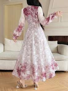 DAZY Women's Elegant Floral Petal Sleeve V-Neck Mid-Length Dress, Spring/Summer Sundress - Burgundy - View 3