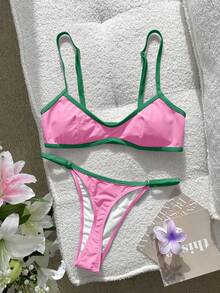Swim SXY 女款比基尼泳衣性感純色拼接比基尼，內建胸墊短版背心吊帶泳衣，適合度假、海灘穿搭、Y2K、健身套裝，情人節新年派對度假穿搭，城市至海灘波希米亞風 SS26 春夏海灘裝 - 粉色 - 查看 5