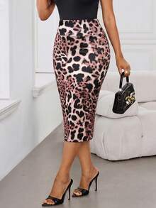 SHEIN Lady 女士豹纹高腰优雅铅笔裙 - 彩色 - 查看 4