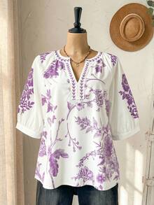 Rusticease Lässige Sommerbluse für Damen in großen Größen mit lila Blumenmuster und kurzen Ärmeln im Landhausstil. Ideal für Urlaub, Freizeit und Freizeit. Auch als Tunika oder Oberteil mit Blumenmuster erhältlich. - Violett - Übersicht 3