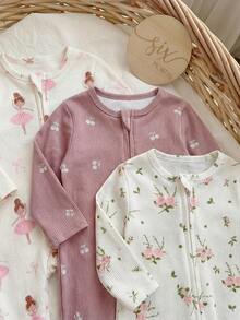SHEIN 3件套新生女宝宝可爱休闲针织碎花长袖连体衣套装 - 彩色 - 查看 6