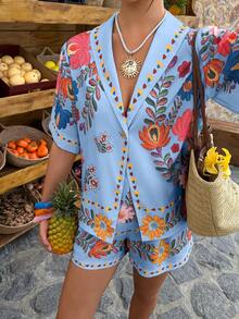 Louniche Light Blue Floral Two Pieces Set,Summer Boho Short-Sleeve Blazer & Shorts,Beach Vacation Holiday,Gold Button Accents,Colorful Prints Casual Outfits - Multicolor - View 4