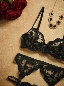PinupPomp 5pcs/Set Women's Embroidery Mesh Sexy Lingerie Set For Going Out - Black - View 4