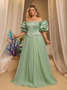 Glamrae Plus Size Light Green Satin Patchwork Chiffon Mermaid Luxury Crystal Decor Vintage Romantic Formal Gown (With 3D Shawl Included) - Mint Green - View 6