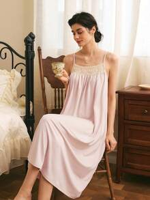 Côtesoire Women's French Elegant Romantic Lace Patchwork Comfortable Loose Knit Camisole Nightgown - Baby Pink - View 4