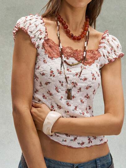 Bohemela Women's Retro Floral Lace Patchwork Batwing Sleeve T-Shirt