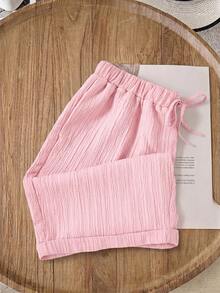 Rusticease Plus Size Women Summer Casual Vacation Daily Commute Solid Color Textured Fabric Drawstring Waist Shorts Outfit For Beach Date Night Brunch - Multicolor - View 3