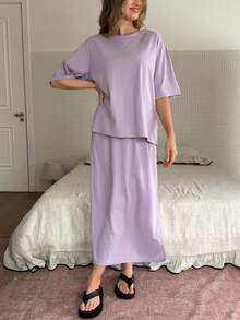 DAZY Women's Solid Color Round Neck Drop Shoulder Short Sleeve Loose Casual Summer Pajama Set - Dusty Purple - View 4
