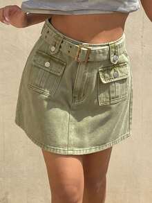 Livesso High Waist Khaki Solid Color Button A-Line Full Skirt Women's Denim Skirt - Green - View 3