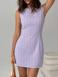 SHEIN EZwear 女士时尚百搭条纹露背性感连衣裙 - 紫丁香色 - 查看 5