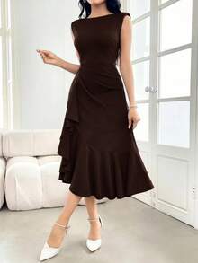 Modelyn Women's Solid Color Ruffle Hem Sleeveless Elegant Dress, Spring/Summer - Coffee Brown - View 5