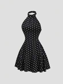 Sweetra Vintage Retro Polka Dot Neckholder Kleid, rückenfrei, tailliert, Schmetterling, Urlaub, Schwarz und Weiß, Sommer - Schwarz - Übersicht 6