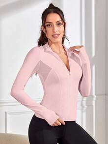 Gameset SHEIN Sport Letter Print Hollow-Out Patchwork Fitted Sports Jacket - Pink - View 7