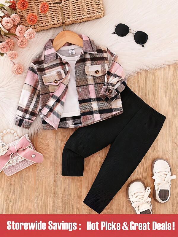 SHEIN Baby Girl Front Button Fake Pocket Plaid Shirt Pants Casual Modest Basic 2pcs Set Back-To-School Photoshoot Pink Black Autumn