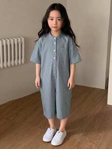 Dazy Kids 女童純色休閒短袖連身褲 夏季款 - 藍色 - 查看 4