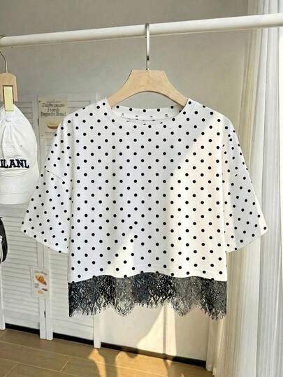Comfortcana T-shirt casual a maniche corte con scollo rotondo, motivo a pois e pizzo a contrasto, adatta per l'estate