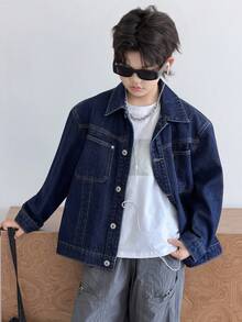 DAZY 大童超大翻领休闲长袖夹克，牛仔外套 - 藏蓝色 - 查看 1