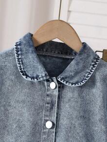 Elladie kids 少女Y2K风格两件套，夏季新品：浅蓝色做旧牛仔短款修身衬衫，泡泡袖设计，搭配宽松直筒牛仔裤，松紧腰带，带真口袋。面料柔软舒适，时尚百搭，适合度假、音乐节、派对等各种场合。 - 中等水洗藍 - 查看 3