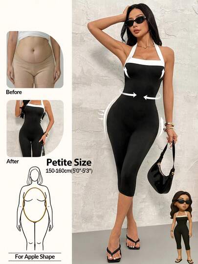 SHEIN PETITE Damen einfarbiger Patchwork einfacher figurbetonter Jumpsuit, lässig Alltagskleidung