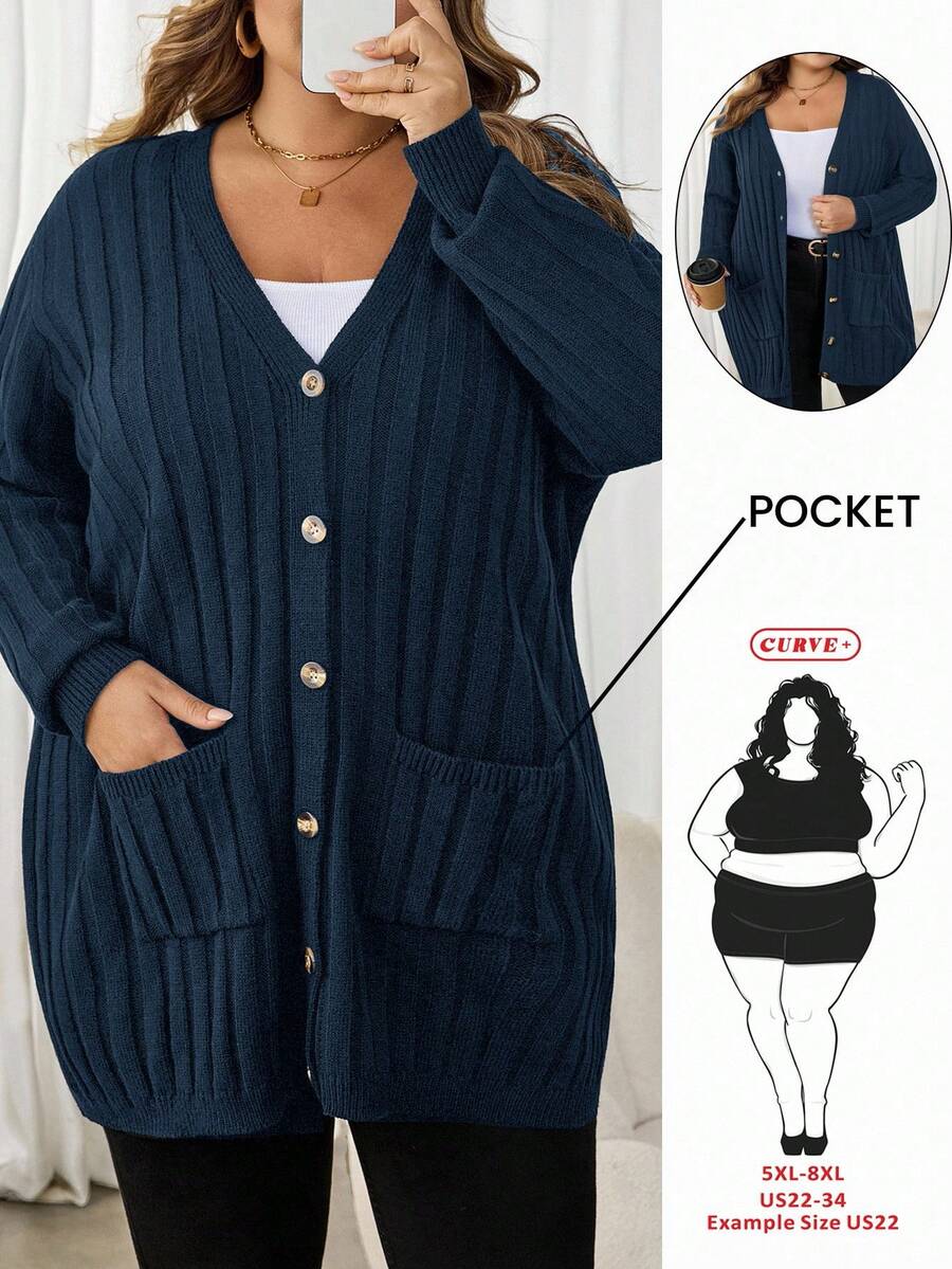 SHEIN CURVE+ 大尺碼女款寬鬆開襟針織衫,商務休閒款柔軟修身上衣,鄉村風,適合秋季約會與辦公室,海軍藍 - 藏蓝色 - 查看 1