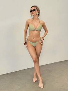 SHEIN 女款純色簡約日常穿搭掛脖式泳衣套裝 - 綠色 - 查看 6