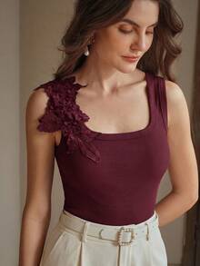 Anewsta Fashionable Fitted Embroidered Seamless Ribbed Tank Top - Burgundy - View 5