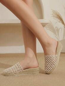 Styleloop Giày nữ đế xuồng cao gót dày màu mơ dệt lưới, kiểu Muller, dép xăng đan mùa hè, giày dây gai dầu, kiểu Bomisian, thích hợp đi chơi, nghỉ mát, hẹn hò hàng ngày, đi biển, du lịch, phong cách thường ngày, giày nữ. - Màu be - Xem 2