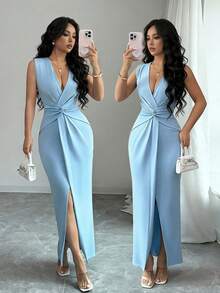 SHEIN PETITE Summer, Holiday, Elegant Party, June Festival, Beach Vacation Dress, Commute, Date, Holiday Outing Outfit, Blue Dress, Sleeveless Deep V Twist Dress, High Waist Slit Fitted Bodycon Dress ,Petite Women - Baby Blue - View 6