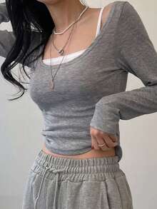 DAZY 2pcs Women's Color Block Casual T-Shirt Set,Fall Clothes Long Sleeve Women Tops - Light Grey - View 5