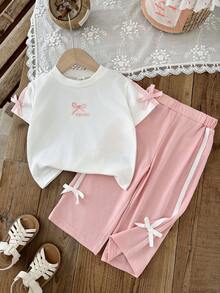 SHEIN 2件組女嬰幼兒0-3歲休閒百搭街頭風黑色T恤與長褲套裝 - 粉色 - 查看 4