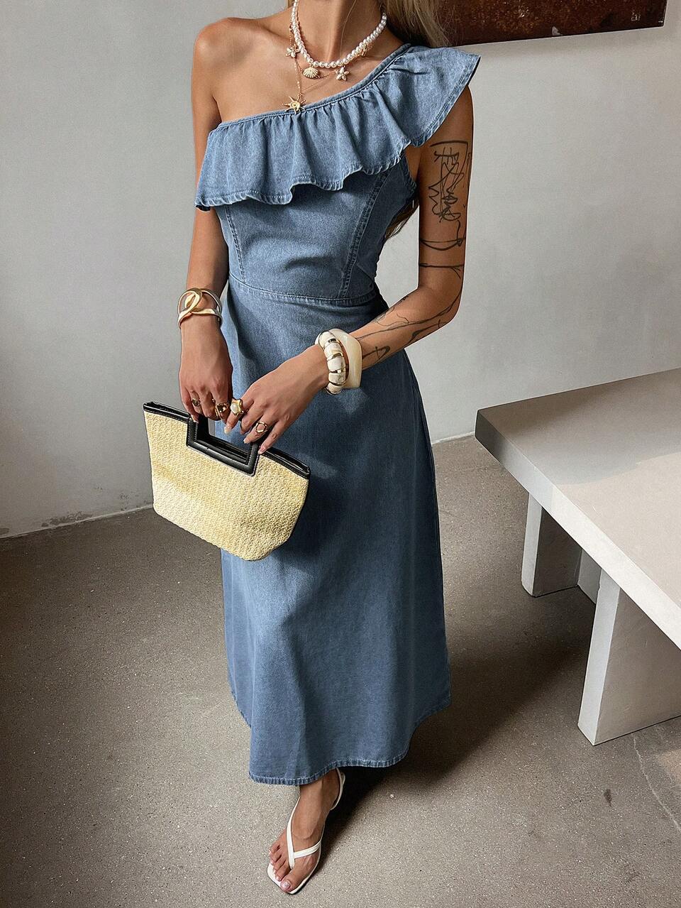 Women's Patchwork Ruffle Trim Denim One-Shoulder Dress