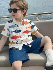 Young Boy Casual Minimalist Cartoon Pattern Collared Cardigan Shirt, Suitable For Summer - Multicolor - View 1