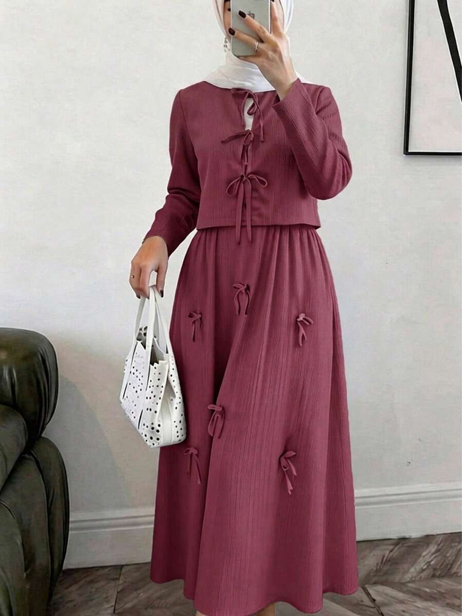 Solavon Women's Solid Color Regular Shoulder Long Sleeve Tie Neck Elegant 2-Piece Set, Summer